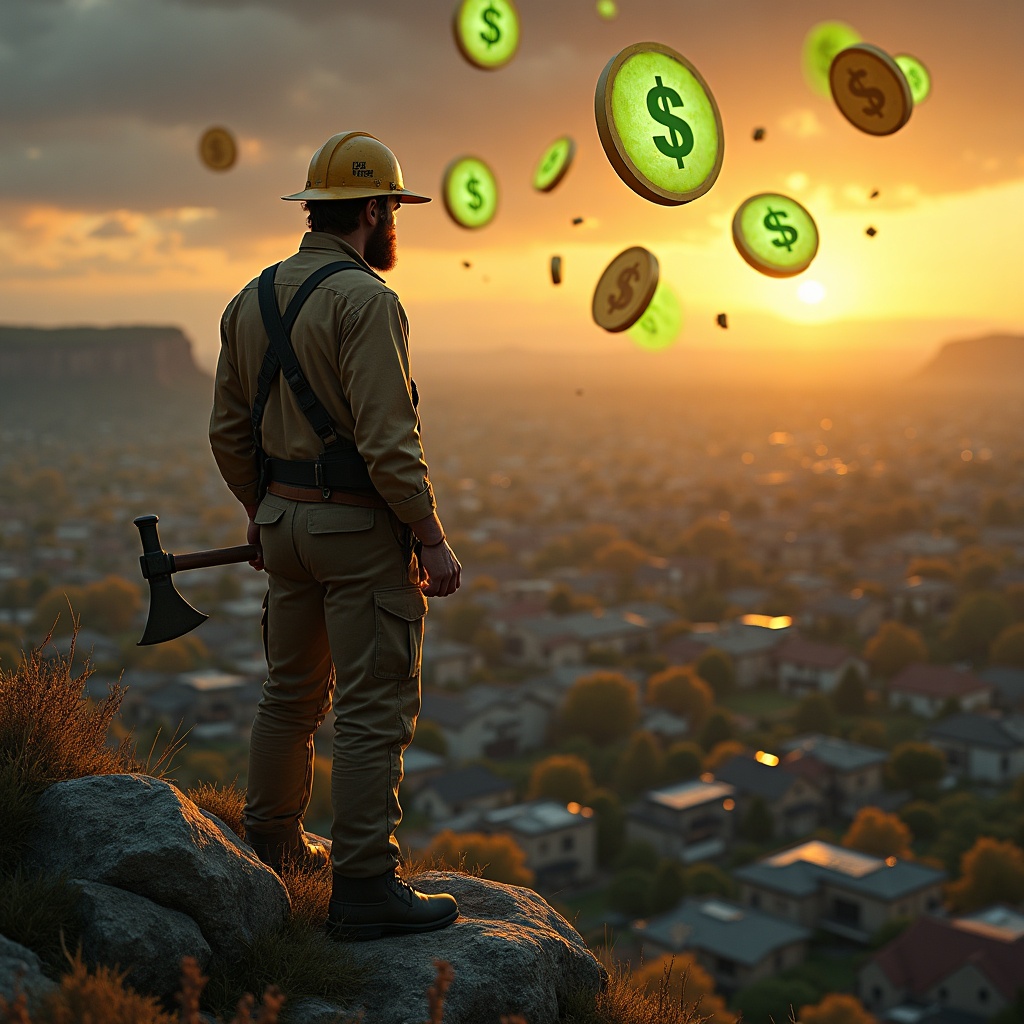 A miner with a pickaxe overlooking a neighborhood of houses topped with cash icons